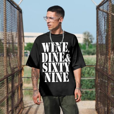 Áo thun vintage WINE, DINE & SIXTY NINE - D34 (đen)