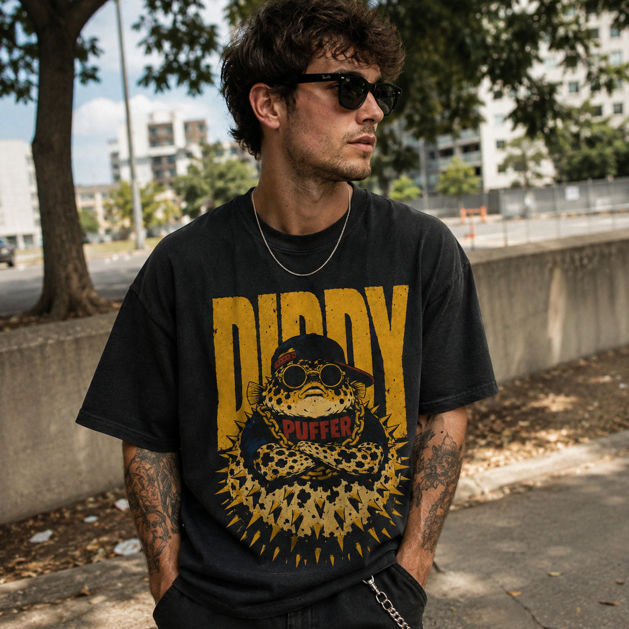 Áo thun Diddy Puffer Black - người mẫu mặc áo, góc khác
