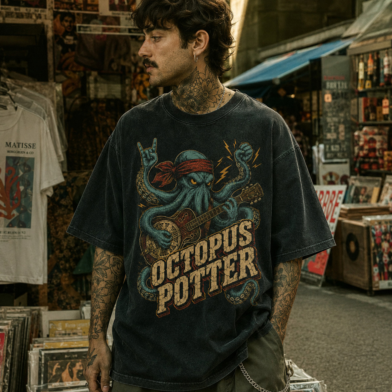 Áo thun Octopus Potter Black - người mẫu mặc áo, góc khác