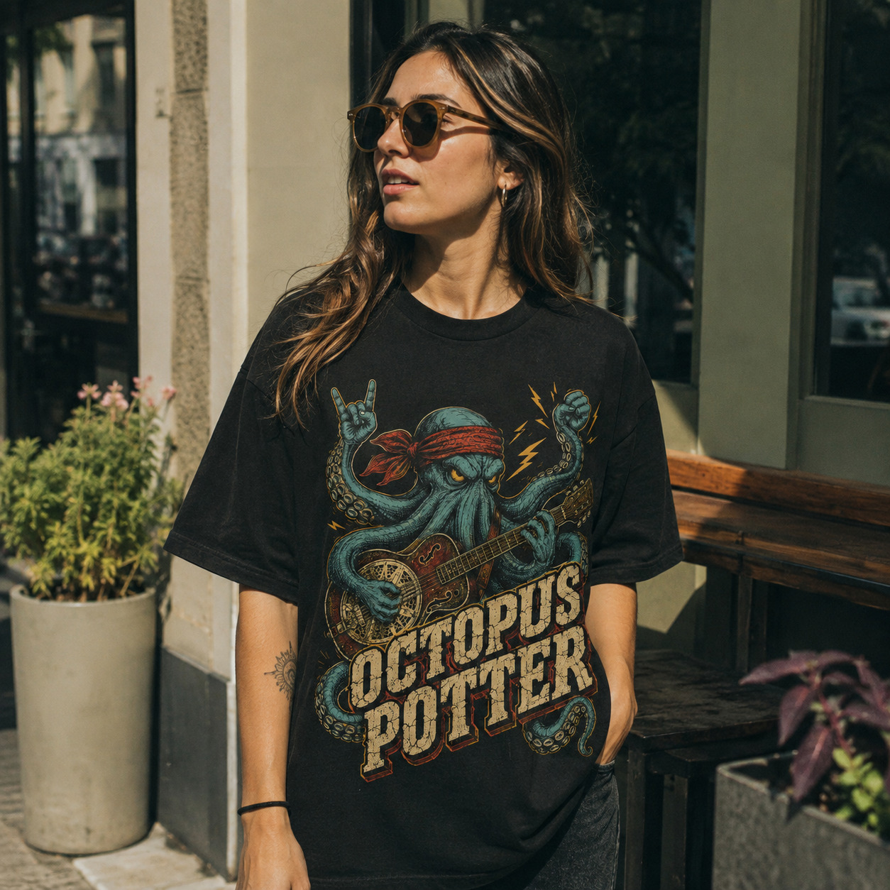 Áo thun Octopus Potter Wash - người mẫu mặc áo