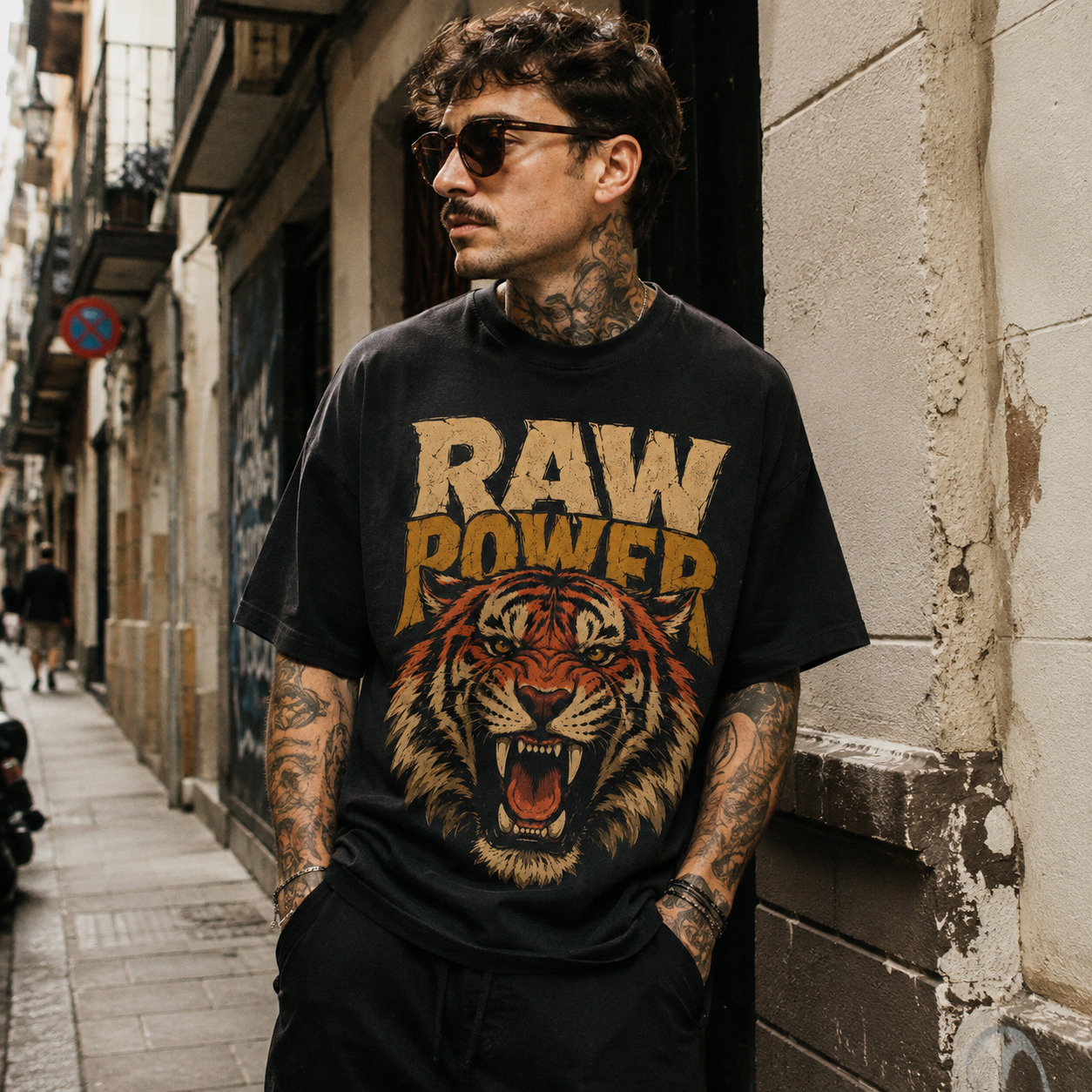 Áo thun Raw Power Black - người mẫu mặc áo, góc khác