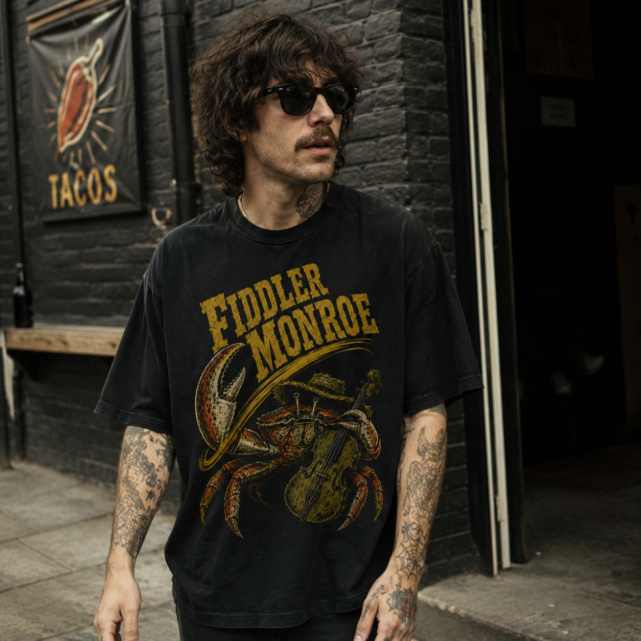 Áo thun Fiddler Monroe Black - người mẫu mặc áo, góc khác