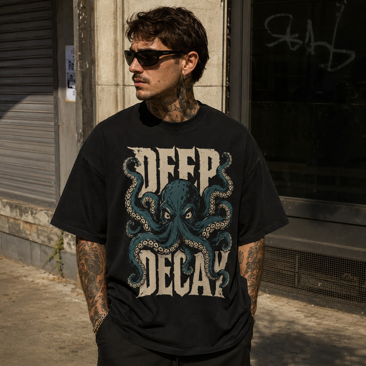 Áo thun Deep Decay Black - người mẫu mặc áo, góc khác