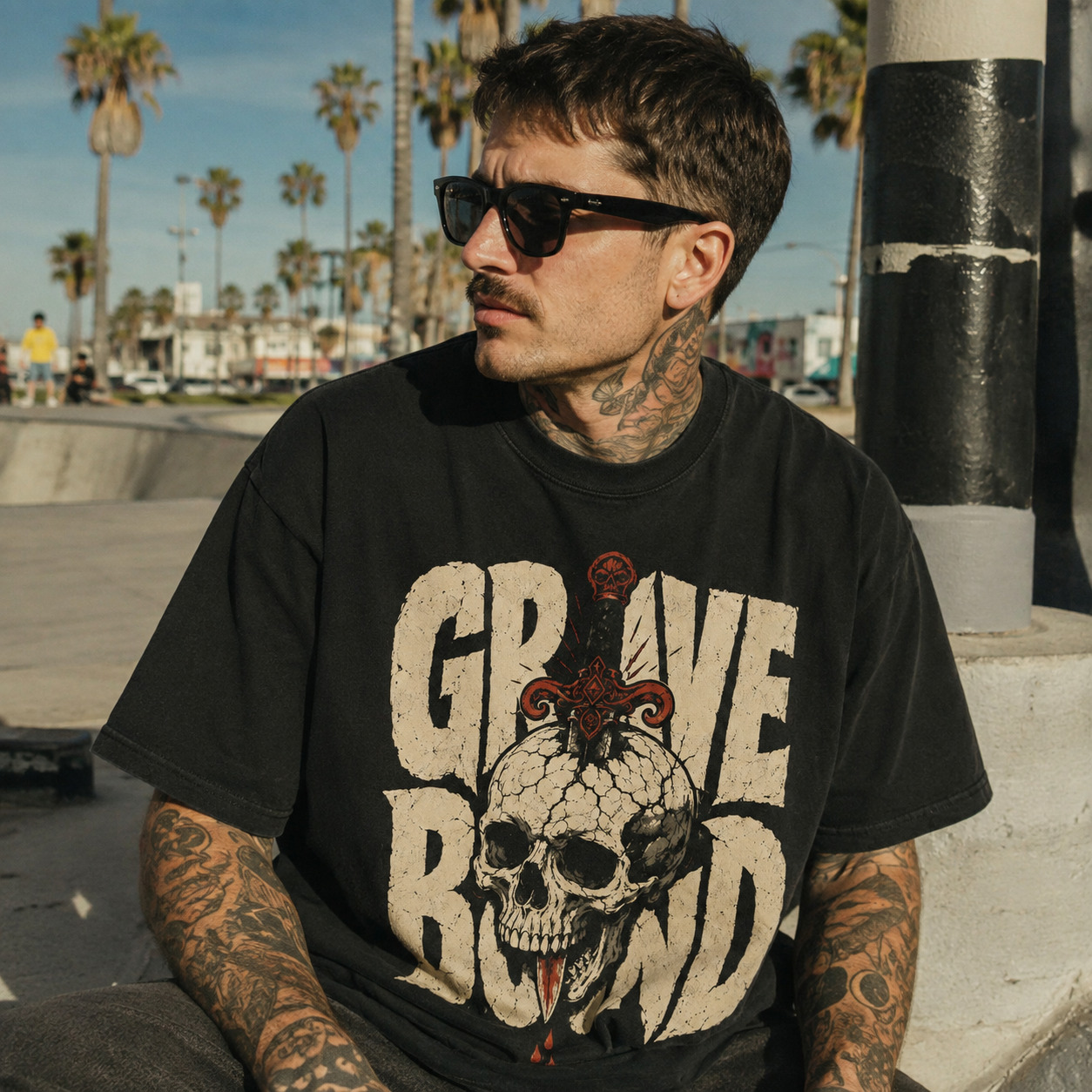 Áo thun Grave Bound Black - người mẫu mặc áo, góc khác