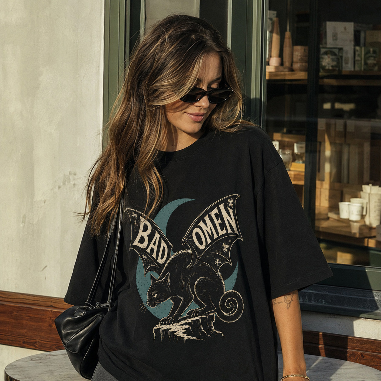 Áo thun Bad Omen Black - người mẫu mặc áo