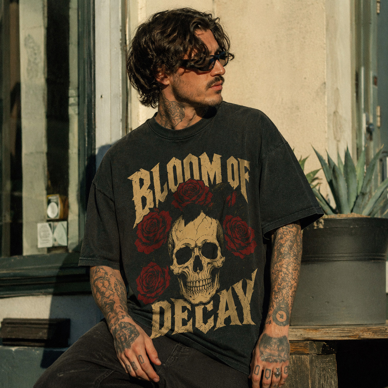 Áo thun Bloom of Decay Black - người mẫu mặc áo, góc khác
