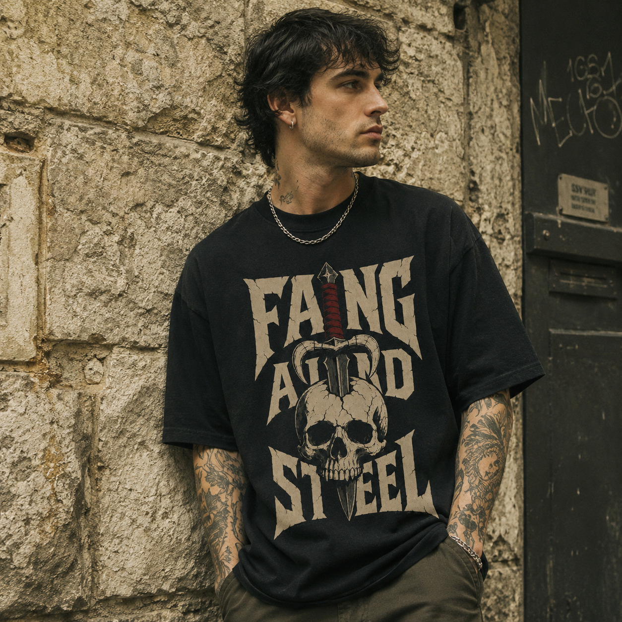 Áo thun Fang and Steel Black - người mẫu mặc áo, góc khác