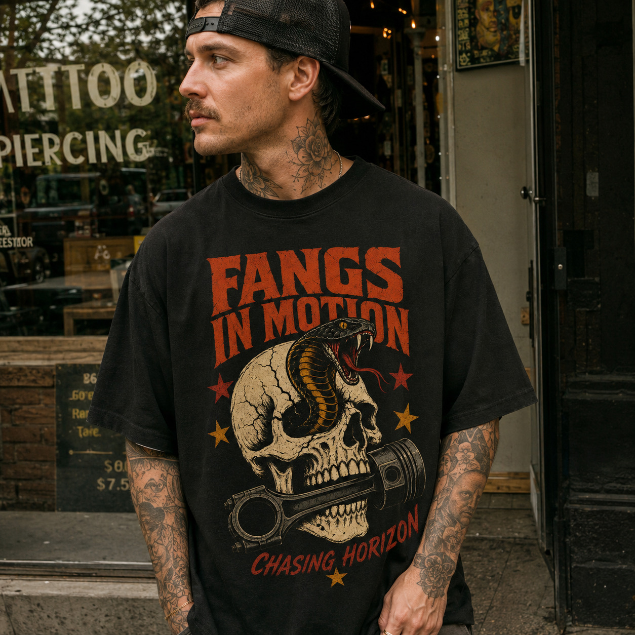 Áo thun Fangs In Motion Black - người mẫu mặc áo, góc khác
