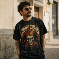 Áo thun Grin of Chaos Black - người mẫu mặc áo, góc khác