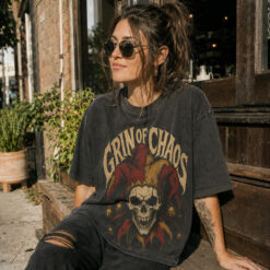 Áo thun Grin of Chaos Wash - người mẫu mặc áo, góc khác