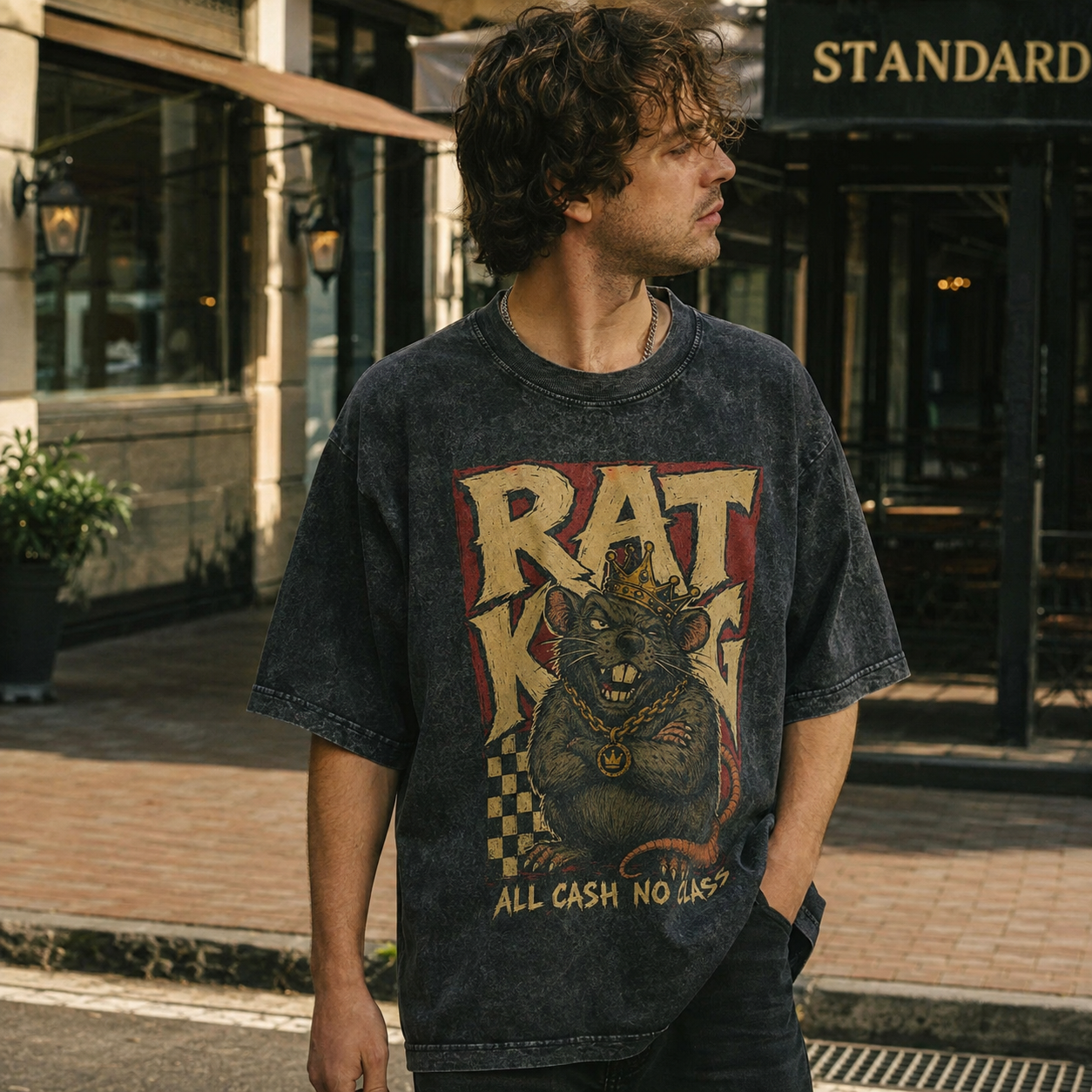 D91B_3 Áo thun Rat King Black - người mẫu mặc áo, góc khác
